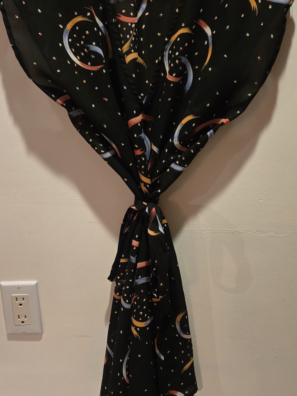 Lux Black Wrap Mini Dress with Orange, Yellow and Blue Crescent Print - Picture 5 of 6